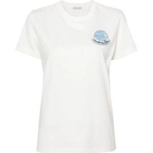 Moncler, Tops, Dames, Wit, M, Katoen, Organisch Katoenen Logo Patch T-Shirt