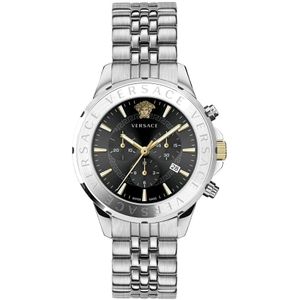 Versace, Accessoires, Heren, Grijs, ONE Size, Chronograaf Handtekening Staal Zwart Wijzerplaat Horloge