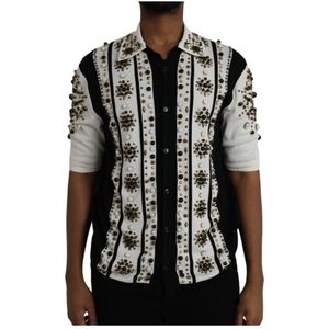 Dolce & Gabbana, Overhemden, Heren, Veelkleurig, L, Zwart Wit Zijden Shirt met Studs en Kristallen