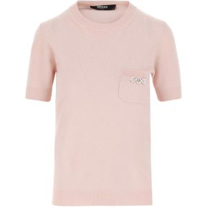 Versace, Truien, Dames, Roze, S, Wol, Cashmere Gebreide Crew Neck Korte Mouw