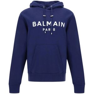 Balmain, Sweatshirts & Hoodies, Heren, Blauw, S, Katoen, Navyblauwe Monogram Print Hoodie