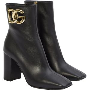 Dolce & Gabbana, Schoenen, Dames, Zwart, 38 1/2 EU, Leer, Gedrukte Leren Enkellaarzen