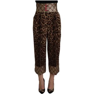 Dolce & Gabbana, Broeken, Dames, Bruin, M, Wol, Leopard Jacquard Hoge Taille Broek