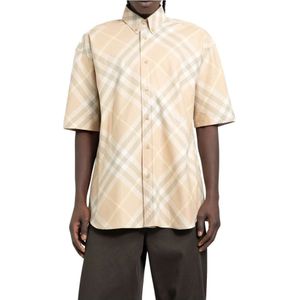 Burberry, Overhemden, Heren, Beige, XL, Katoen, Heren Flax Check Katoenen Overhemd