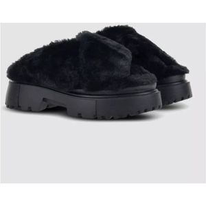 Hogan, Schoenen, Dames, Zwart, 38 1/2 EU, Leer, Zwarte Furry Slides