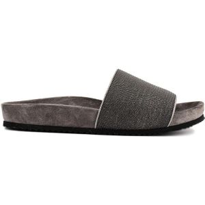 Brunello Cucinelli, Glinsterende Lam Suède Slippers Zwart, Dames, Maat:36 EU