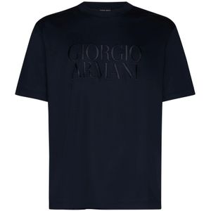 Giorgio Armani, Tops, Heren, Blauw, XL, Katoen, Blauwe Jersey Logo T-shirts Polos