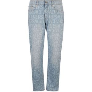 Versace, Jeans, Heren, Blauw, W36, Lichtblauwe Jeans met Grafische Print voor Heren