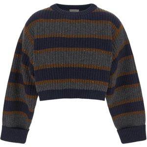 Brunello Cucinelli, Ocean Blue Gestreepte Cropped Sweater Bruin, Dames, Maat:M