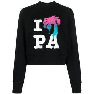 Palm Angels, Sweatshirts & Hoodies, Dames, Zwart, S, I Love PA Crew Sweaters/Truien