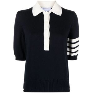 Thom Browne, Tops, Dames, Blauw, S, Blauwe Hector Polo Shirt met Web Stripe Detail