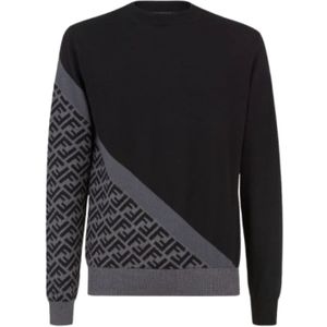 Fendi, Sweatshirts & Hoodies, Heren, Grijs, L, Wol, Klassieke Zwarte Wollen Trui met Fendi Diagonaal Detail