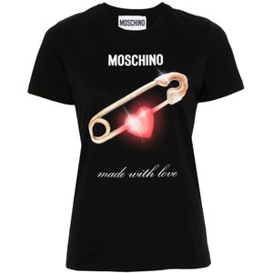 Moschino, Tops, Dames, Zwart, S, Katoen, Zwart Logo Print Crewneck T-shirt