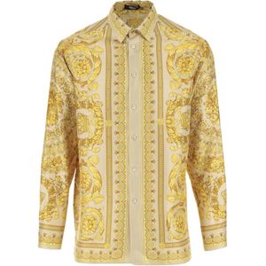 Versace, Overhemden, Heren, Geel, M, Zijden Barok Print Shirt