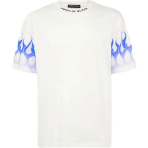 Vision OF Super, Wit T-shirt met Blauwe Vlammen Wit, Heren, Maat:S