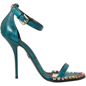 Dolce & Gabbana, Schoenen, Dames, Blauw, 39 EU, Leer, Exotische Kristalversierde Blauwe Sandalen