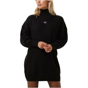 Calvin Klein, Kleedjes, Dames, Zwart, S, Geweven Label Losse Sweater Jurk