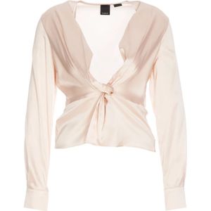 Pinko, Blouses & Shirts, Dames, Beige, L, Witte Zijden Shirt met V-Hals