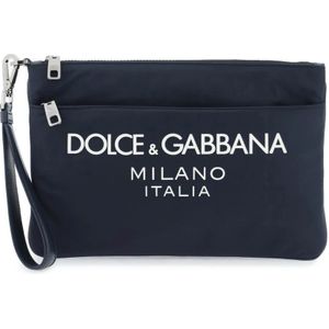 Dolce & Gabbana, Tassen, Heren, Blauw, ONE Size, Nylon, Nylon Pouch met Rubberen Logo