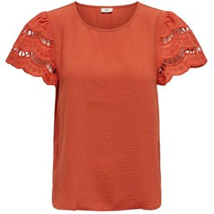 Jacqueline de Yong, Blouses & Shirts, Dames, Bruin, XS, Oranje Geborduurd T-shirt met halve mouwen