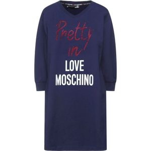 Love Moschino, Blauwe Katoenen Jurk met Logo Print en Kralenapplicaties Blauw, Dames, Maat:M