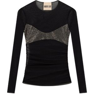 Aniye By, Rhinestone Lange Mouw Doorschijnende Tops Zwart, Dames, Maat:S