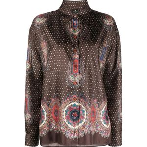 Etro, Blouses & Shirts, Dames, Bruin, M, Zijden Sarga Shirt met Medaillons