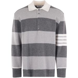 Thom Browne, Gestreepte wollen trui met polokraag en knoopsluiting Grijs, Heren, Maat:XL