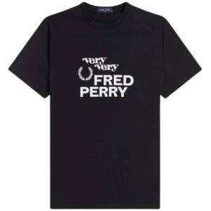 Fred Perry, Tops, Heren, Zwart, L, Katoen, Bedrukt ronde hals katoenen T-shirt