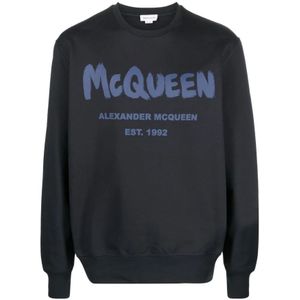 Alexander McQueen, Truien, Heren, Blauw, L, Blauwe bedrukte sweatshirt voor mannen
