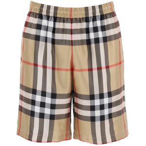 Burberry, Korte broeken, Heren, Beige, M, Zijden Geruite Casual Shorts