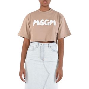 Msgm, Cropped T-shirt met Geborsteld Logo Print Beige, Dames, Maat:L
