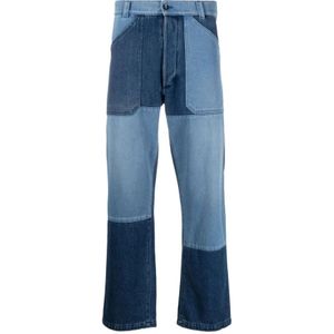 Etro, Jeans, Heren, Blauw, M, Katoen, Blauwe Patchwork Straight-Leg Jeans
