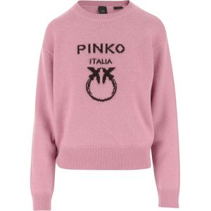 Pinko, Truien, Dames, Roze, M, Wol, Wollen Trui Ronde Hals Logo Roze