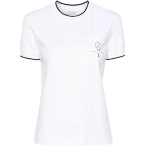 Brunello Cucinelli, Witte Katoenen T-shirt met Contrastbies en Borstzak Wit, Dames, Maat:S