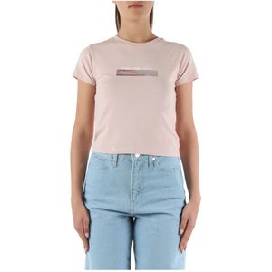 Calvin Klein Jeans, Tops, Dames, Roze, XS, Katoen, Logo Print Cropped Stretch Cotton T-shirt