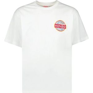 Kenzo, Tops, Heren, Wit, S, Katoen, Logo Geborduurd Ronde Hals T-shirt