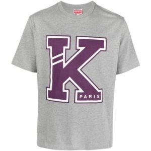 Kenzo, Tops, Heren, Grijs, S, Katoen, Logo Print Korte Mouw T-Shirt