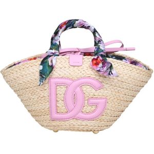 Dolce & Gabbana, Tassen, Dames, Veelkleurig, ONE Size, Katoen, Blauwe Raffia Winkelhandtas met DG Logo