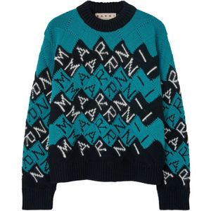 Marni, Truien, Heren, Veelkleurig, M, Blauw Logo Jersey Sweaters