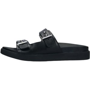 Calvin Klein, Schoenen, Dames, Zwart, 36 EU, Leer, Ergonomische Slide Zwarte Leren Slippers