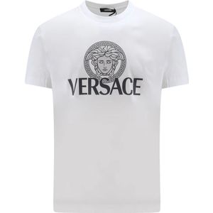 Versace, Tops, Heren, Wit, XL, Katoen, Iconisch Print Jersey Katoenen T-Shirt