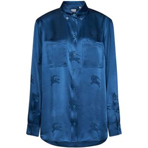 Burberry, Blouses & Shirts, Dames, Blauw, S, Blauwe Zijden Jacquard Overhemd met Equestrian Knight Design