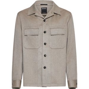 Ermenegildo Zegna, Jassen, Heren, Beige, L, Kasjmier, Kasjmier Bowling Kraag Overshirt