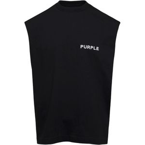 Purple Brand, Tops, Heren, Zwart, S, Katoen, Zwart Logo Print Mouwloze Tops