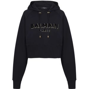 Balmain, Sweatshirts & Hoodies, Dames, Zwart, XS, Katoen, Kort katoenen sweatshirt met geflockt metallic logo