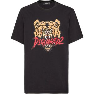 Dsquared2, Tops, Heren, Zwart, M, Katoen, Zwarte Katoenen Jersey T-Shirt met Bedrukt Patroon