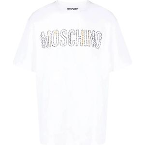 Moschino, Tops, Heren, Wit, L, Katoen, Heren Logo Geborduurd T-Shirt