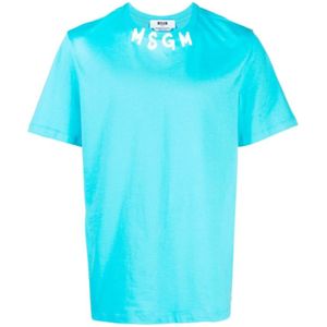 Msgm, Tops, Heren, Blauw, M, Logo Kraag T-Shirt