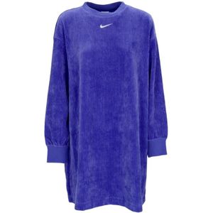 Nike, Velours Lange Mouwen Crewneck Jurk Blauw, Dames, Maat:L